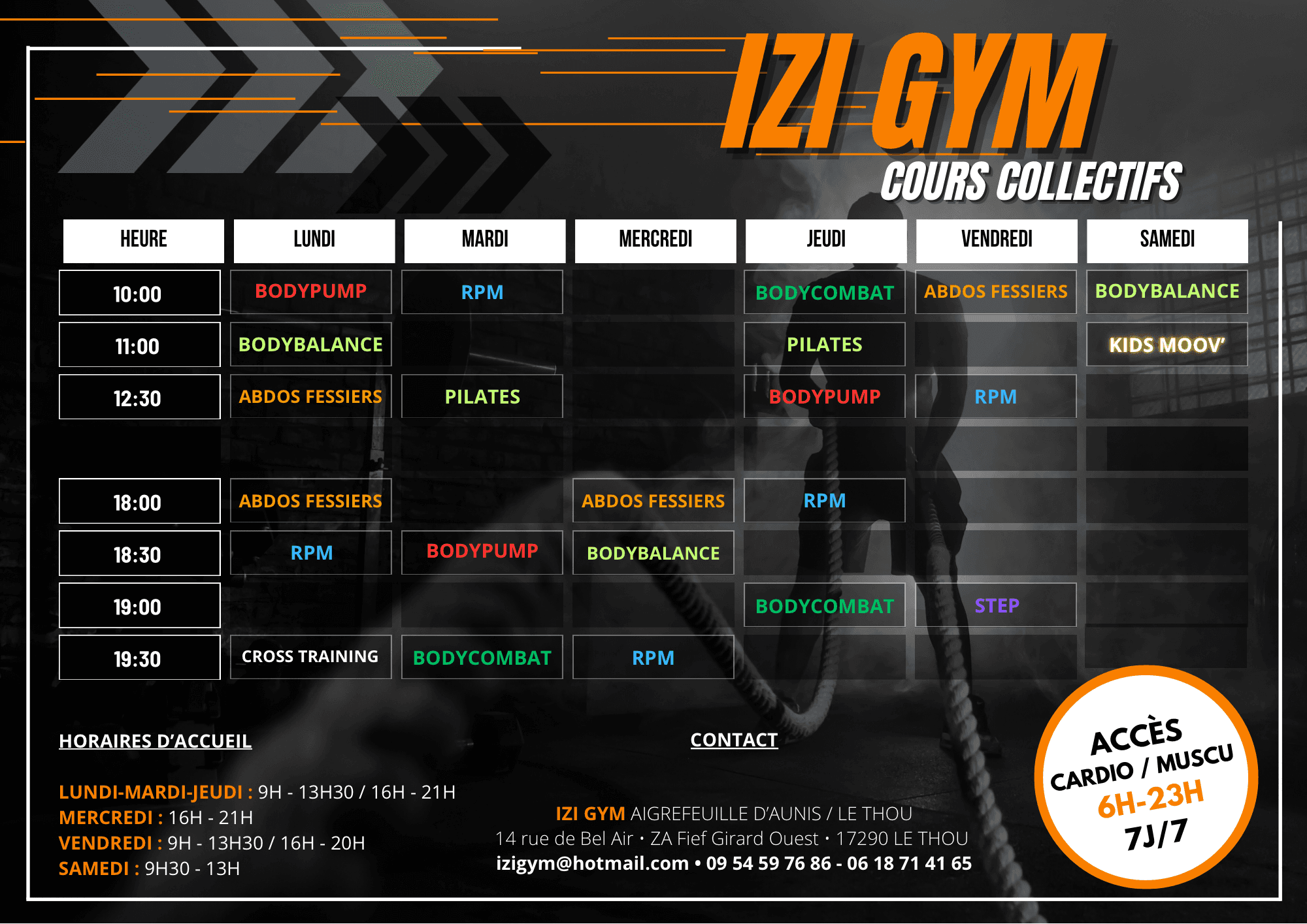 planning horaires cours collectif izi Gym